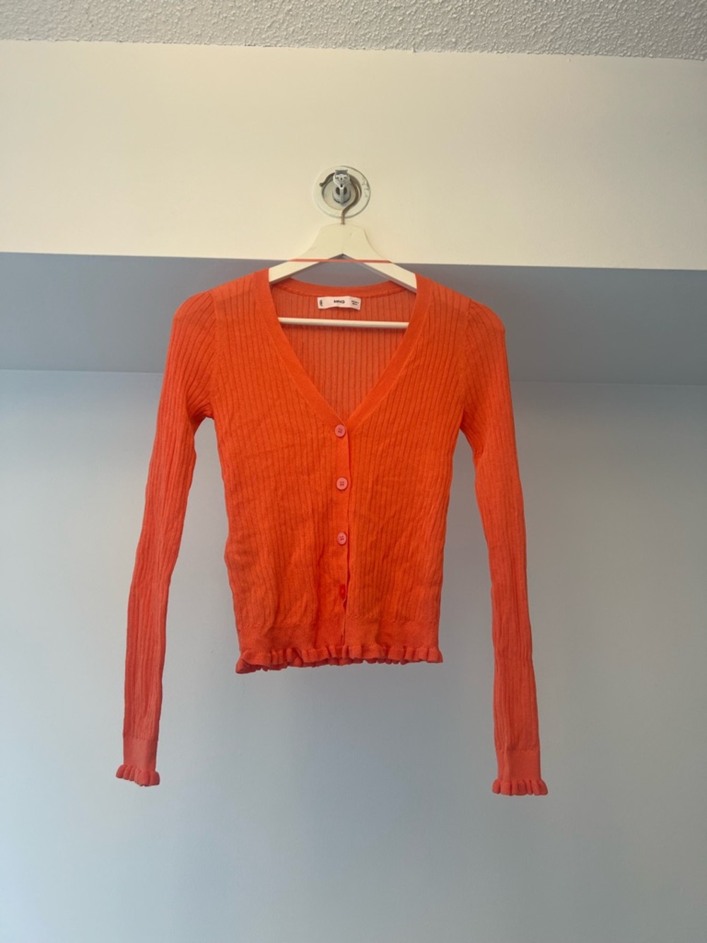 Mango Coral Ribbed V-Neck Button-Front Cardigan